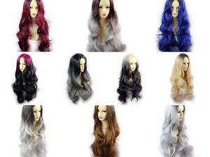 Details Zu Wiwigs Gorgeous Long Wavy Wigs Blonde Grey Blue Brown Dip Dye Ombre Hair