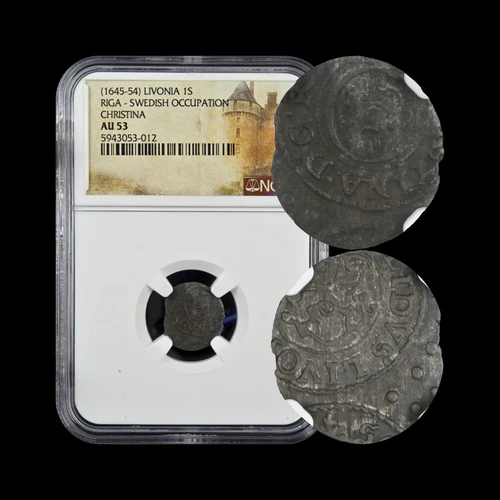 LIVONIA. c.1645, 1 Solidus, Silver - NGC AU53 - Christina, Sweden, Riga, Griffin