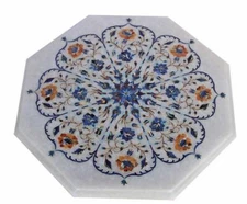18'' white Marble Coffee Table Top Semi Precious Mosaic Floral Inlay Hallway