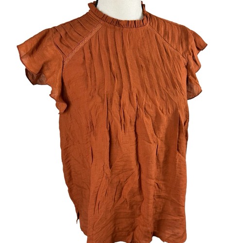 NWT Nanette Lepore Top Gingerbread Pintuck S Flutter Cap Sleeve Trendy Fall Rust - Picture 6 of 15