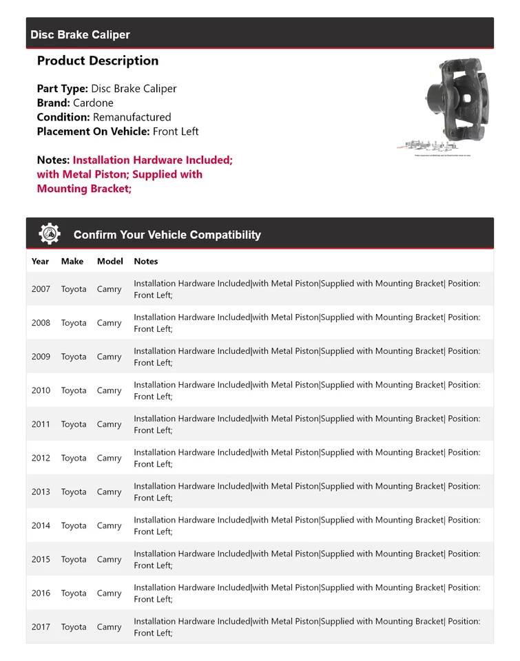 Pinza de freno de disco delantera izquierda Cardone 2008 2009 2010 para Toyota Camry 2007-2017 Foto 2 de 4