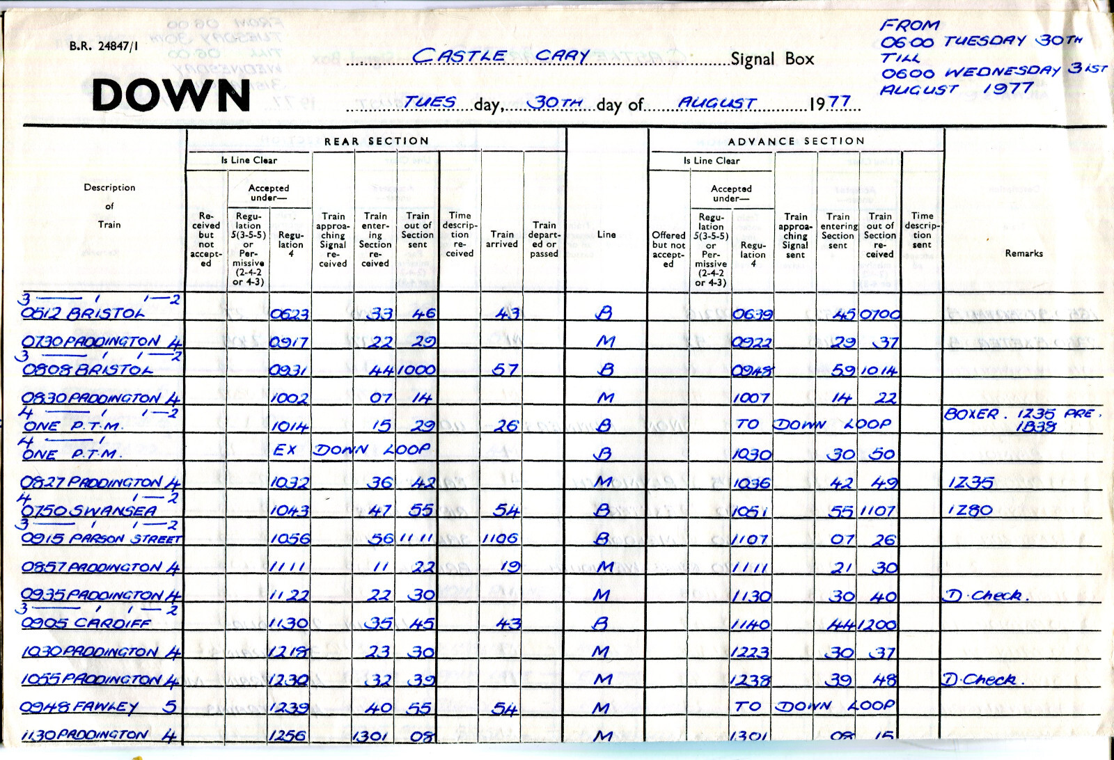 BR Castle Cary Signal Box train log up & down from 06.00 30th August 1977