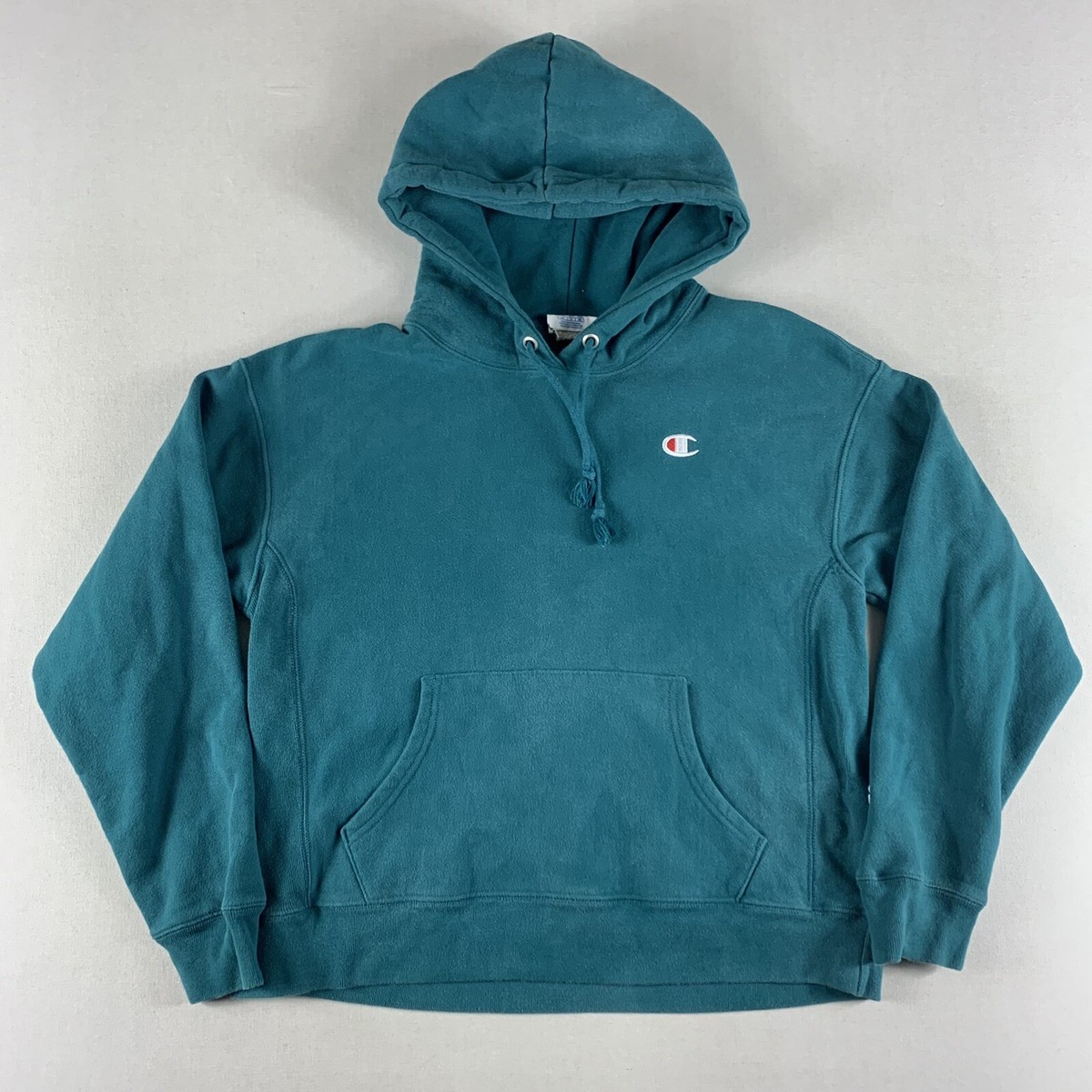 Champion Sweatshirt Boys LARGE Blue Teal Crewneck Reverse Weave HOODED