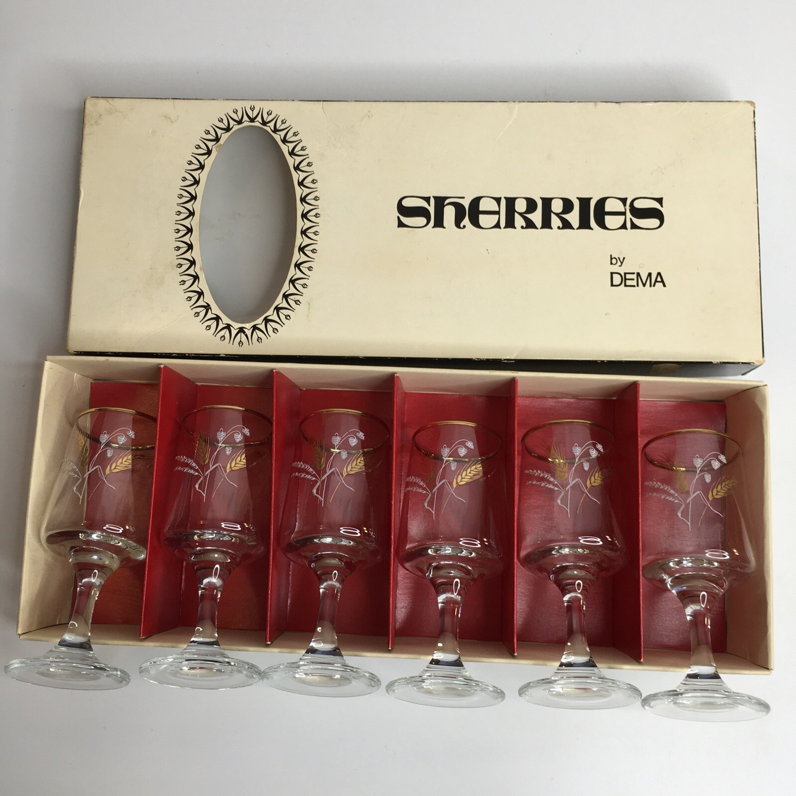 Vintage Sherry Glasses Sherries by Dema Wheat Gold Rim Original Box Lot