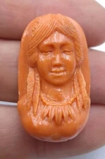 Antique Cameo Red Coral Pink Japan Coral Carving Indian Woman