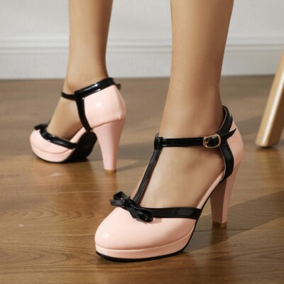 Women Court Shoes Ladies Kitten Heel Bowtie Round Toe T-Bar