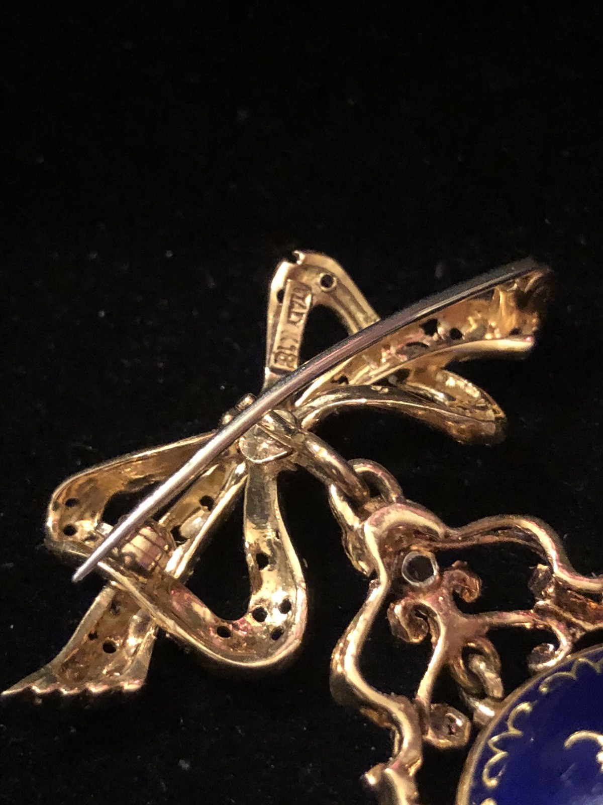 Antique 18k Yellow Gold Italian Ruby Blue Enamel Lapel Watch Brooch/Pin