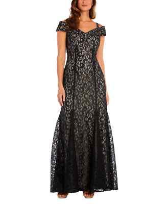 R&M Richards L62702 Women's Black/Nude Off-The-Shoulder Lace Gown Size 4P