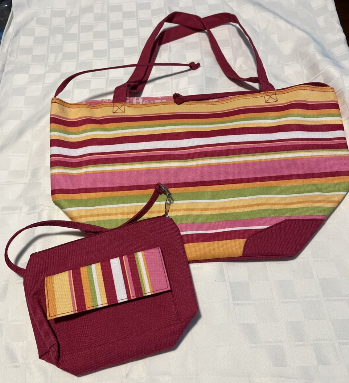 Handbag with Accessory Bag, Multicolor, Nylon, Striped-image