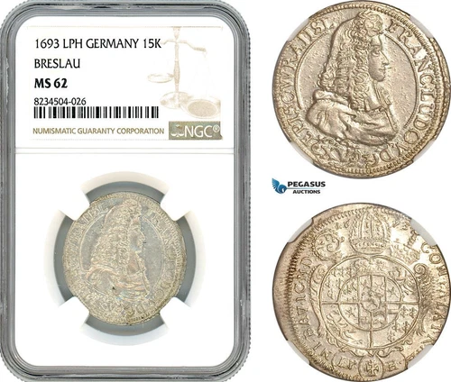 A10-230, Germany, Breslau, Franz Ludwig, 15 Kreuzer 1693 LPH, Silver, NGC MS62