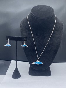 Sterling Silver Opal Inlay Dolphin Pendant Necklace & Earring Set 14.9g