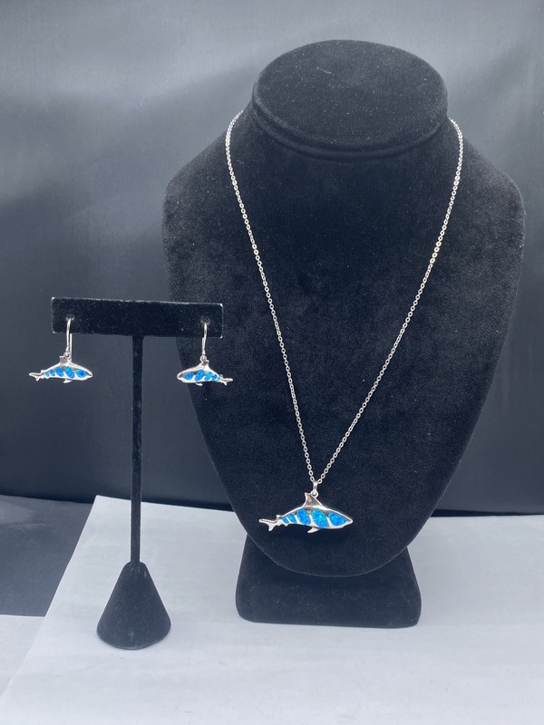 Sterling Silver Opal Inlay Dolphin Pendant Necklace & Earring Set 14.9g