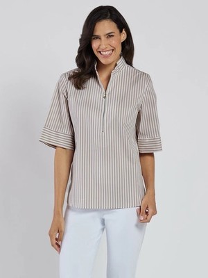 Jude Connally Goldie Top Cotton Striped Sand Striped Half-Zip Blouse Size Large
