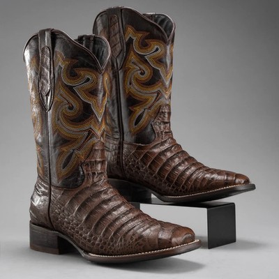 Men's Caiman Leather Square Toe Cowboy Boots - Brown