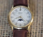 Vintage Seiko Moon Phase Quartz 6F22-7009 Gold Tone Leather Strap Watch