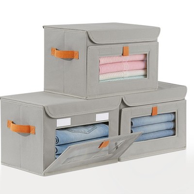 3 PCS Front Opening Closet Organizers Storage Bins With Attached Lid Grey