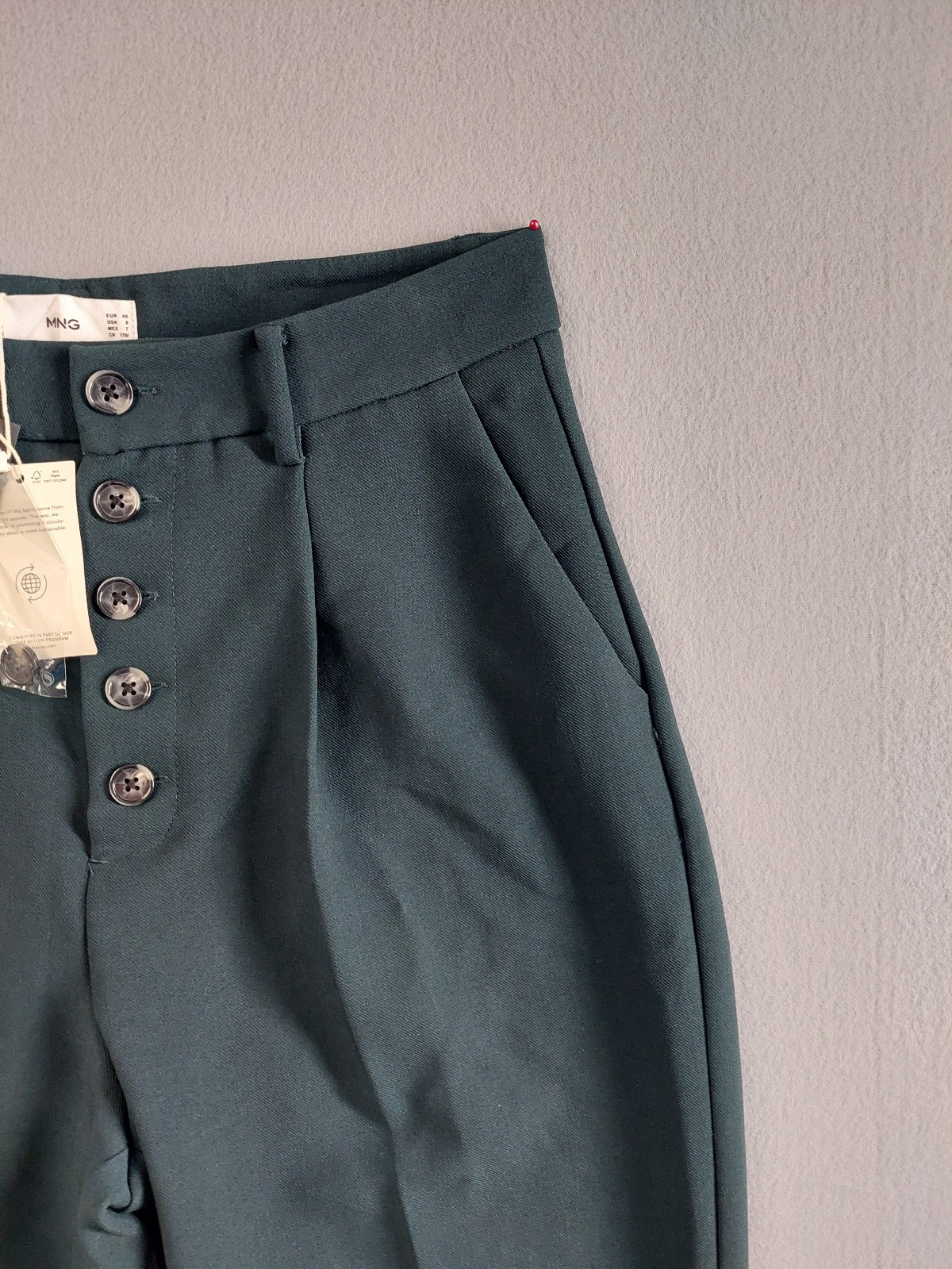 Mango Women Dress Pant 8 Green Button Fly Pleated Straight Leg Stretch Office thumbnail 3