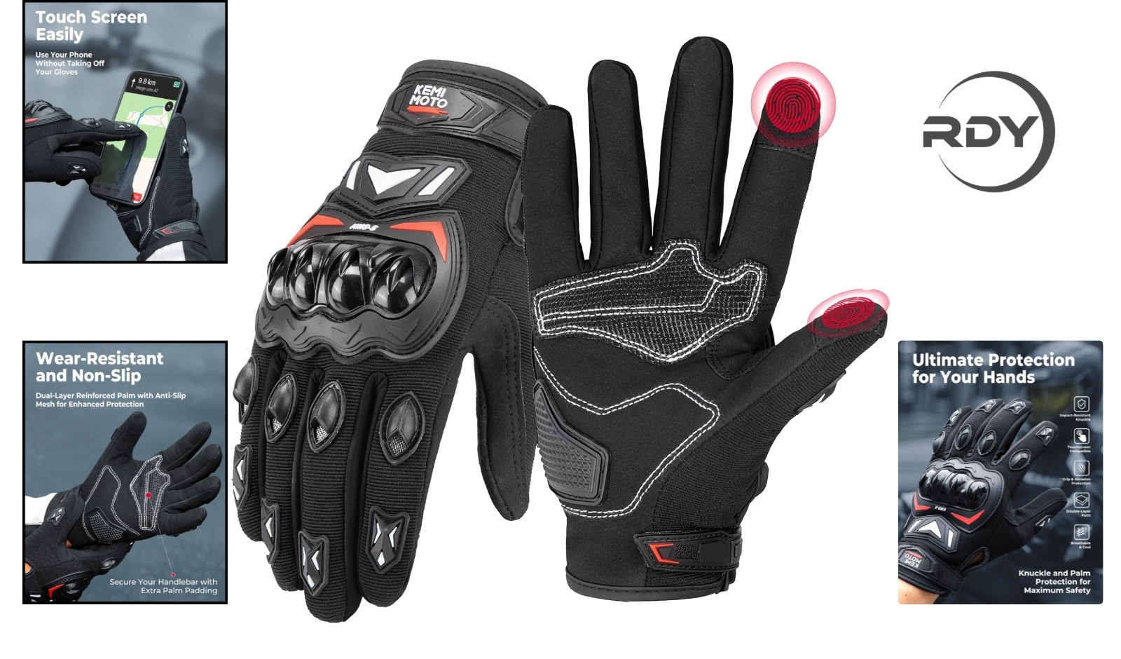 Durable Touchscreen Motorcycle Gloves for Men, Abrasion-Resistant, Black, Medium