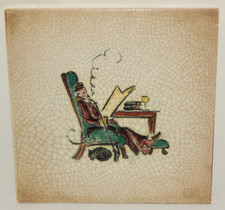 Fumatore di pipa + gatto "Maestro Lempel" piastrella dipinta a mano attribuito a Hudler