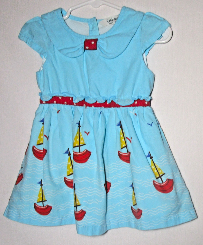 Beebay sky blue dress with sailboats, cap sleeves fully lined size 6-12 months