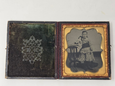 Antique Victorian Daguerreotype Angry Girl Holding Doll Ornate Case 4 Inch Photo