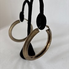 Crosshatched Etched Brass Hoop Earrings Large Vintage Boho