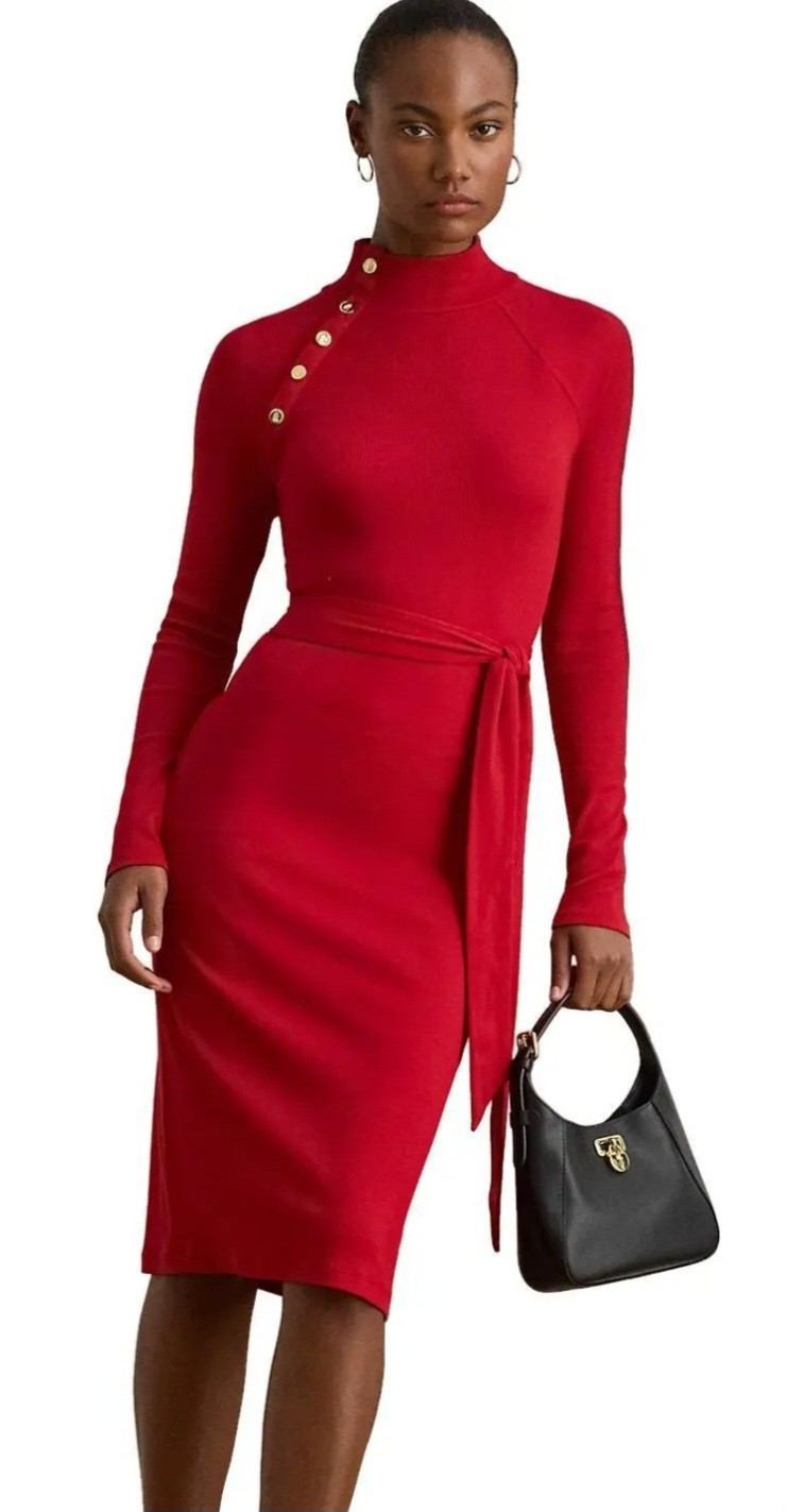 Lauren Women's Ralph Lauren Button-Trim Rib-Knit Mock Neck Dress - Large NWT