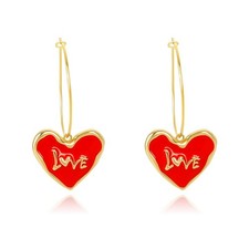 Valentines Day Red Love Heart Dangle Earrings for Women, Gold Plated Huggie Hoop