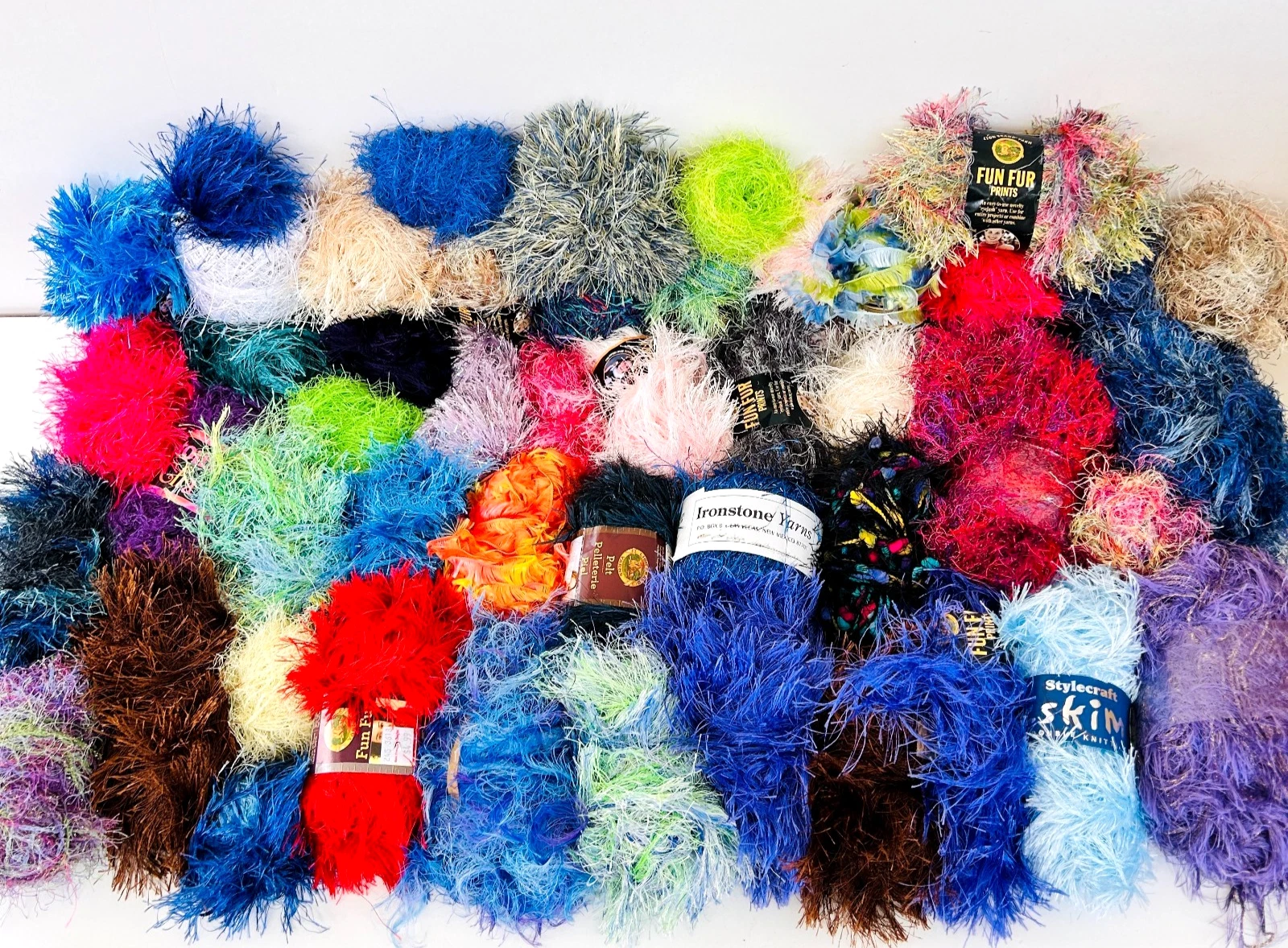 Huge Yarn Lot 40+ Balls Fun Fur Eyelash Assorted Brand Colors Craft Bulk VTG image 1