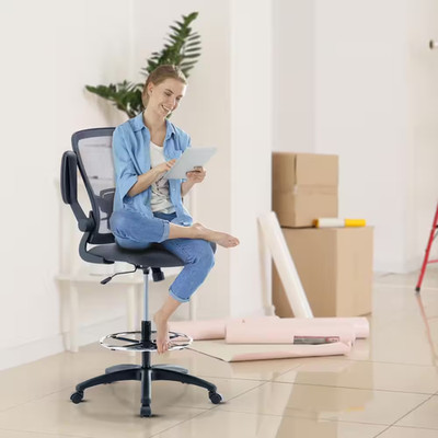 Gray Drafting Chair Tall Office Chair for Standing Desk with Breathable Mesh ...