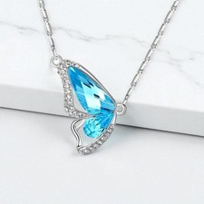 Women's Blue Cubic Zirconia Butterfly Charm Pendant Necklace Jewelry