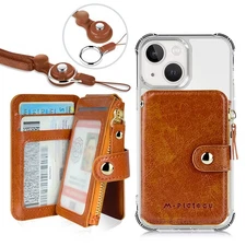 PU Leather Phone Wallet Stick On Card Holder with Zipper Coin Pocket