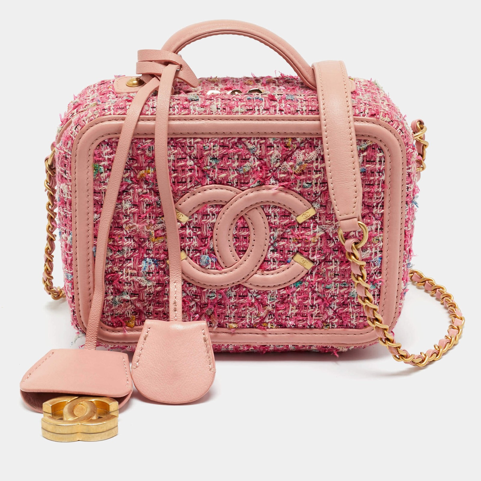 Chanel Pink Quilted Tweed and Leather Small CC Filigree Vanity Case Bag