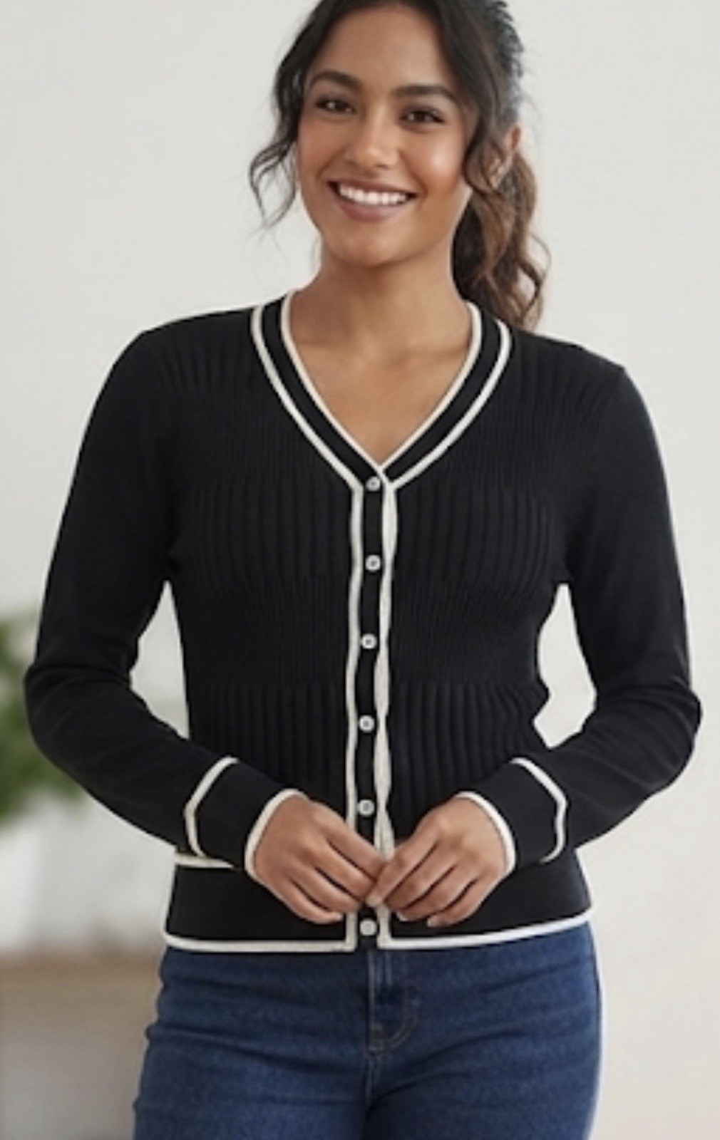 Grace Karin Black & White Ribbed Knit V-Neck Button-Up Cardigan Sweater Size M