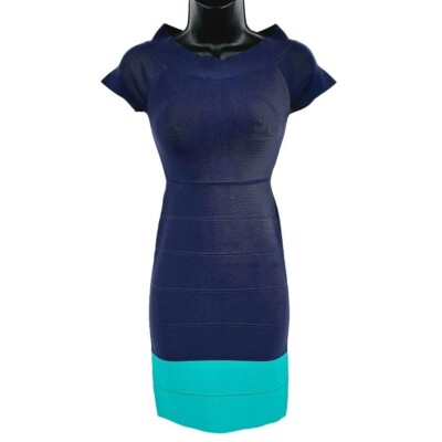 BCBGMaxAzria Kisha Sheath Dress XS Blue Green Off Shoulder Colorblock Zip New