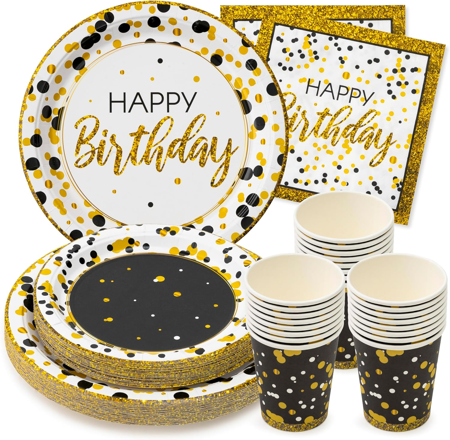 Black and Gold Birthday Plates - Set of 24 - 9 and 7 Inch Plates, Napkins, and C