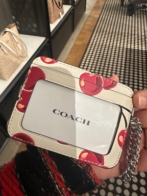 Coach Zip Card Case - CZ761 Chalk Smooth Leather w/Red Pink Cherry