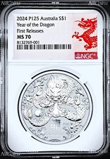2024 Australia .9999 Silver Lunar Year of the Dragon NGC MS70 1oz $1 Coin "P125"