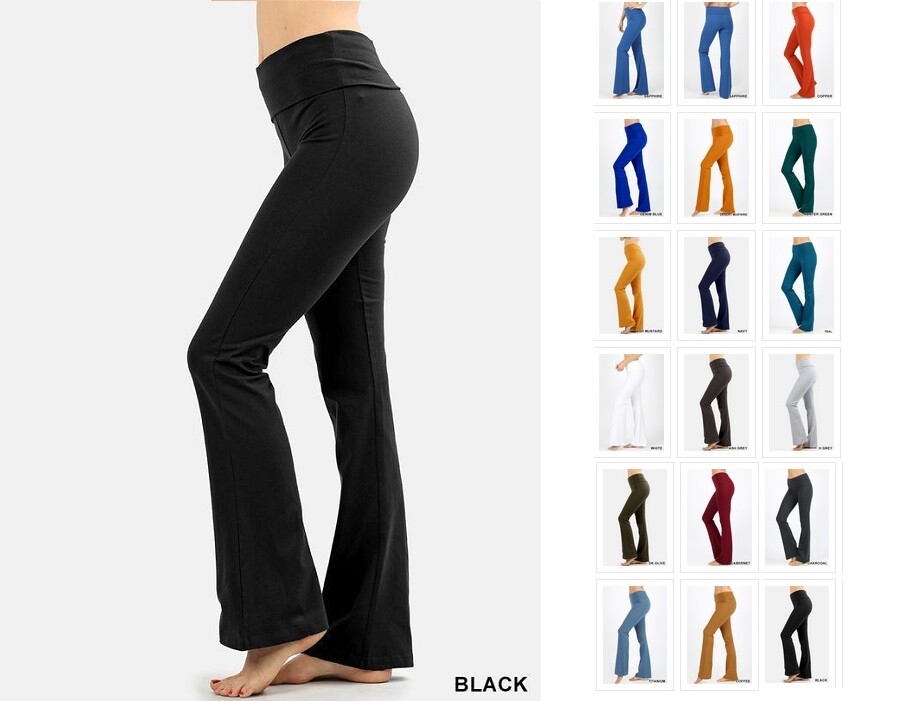 WOMEN COTTON SPANDEX YOGA  FLARE PANTS FOLDOVER ATHLETIC GYM REG N PLUS S-3XL