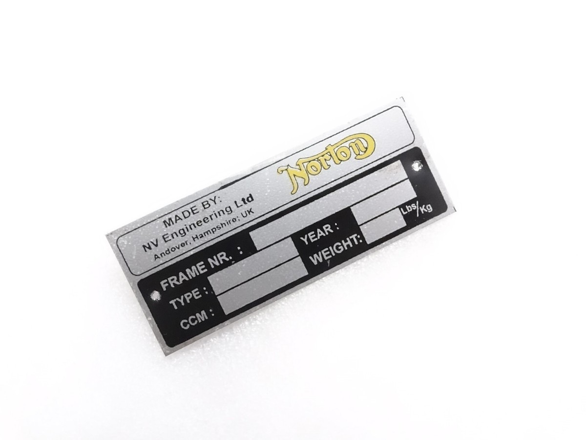 Norton Black Aluminium Data Plate ID Tag Frame Vintage New