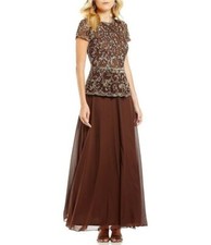 Pisarro Nights Beaded Mock Two Piece Gown Petite Sz 4P Mocha