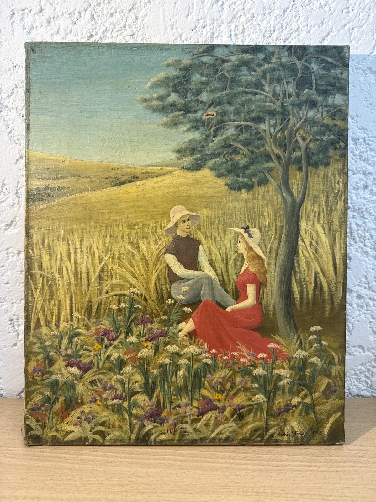 Tableau Ancien Peinture Champs Couple Arbre Fleur Signé Par Sophie Strouvé 1953