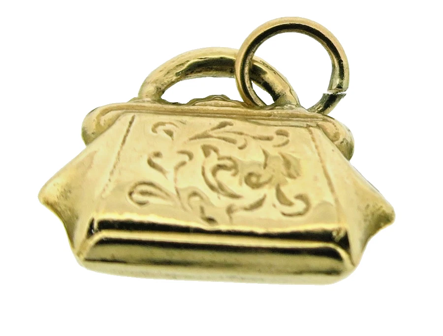 Damen Handtaschen Anhänger 9 kt Gelbgold Linien Muster Vintage Punze London 1968