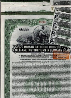 Set 3 Roman Catholic Church...in Germany 1926 $1000 Gold Bond coupons nice