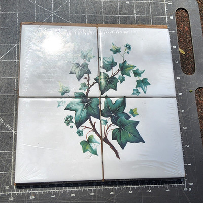 2 vintage vines 4 pc ceramic art tile mural new sealed flora garden leaves ivy