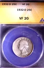1932-D WASHINGTON 25C , ANACS VF20