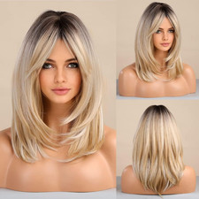 Long Layered Blonde Wigs for Women Synthetic Hair Wig with Bangs Natural Wavy He