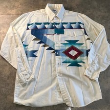 Roper Rodeo Blue Shirt Mens Size L White Western Made in USA Aztec Navajo VTG