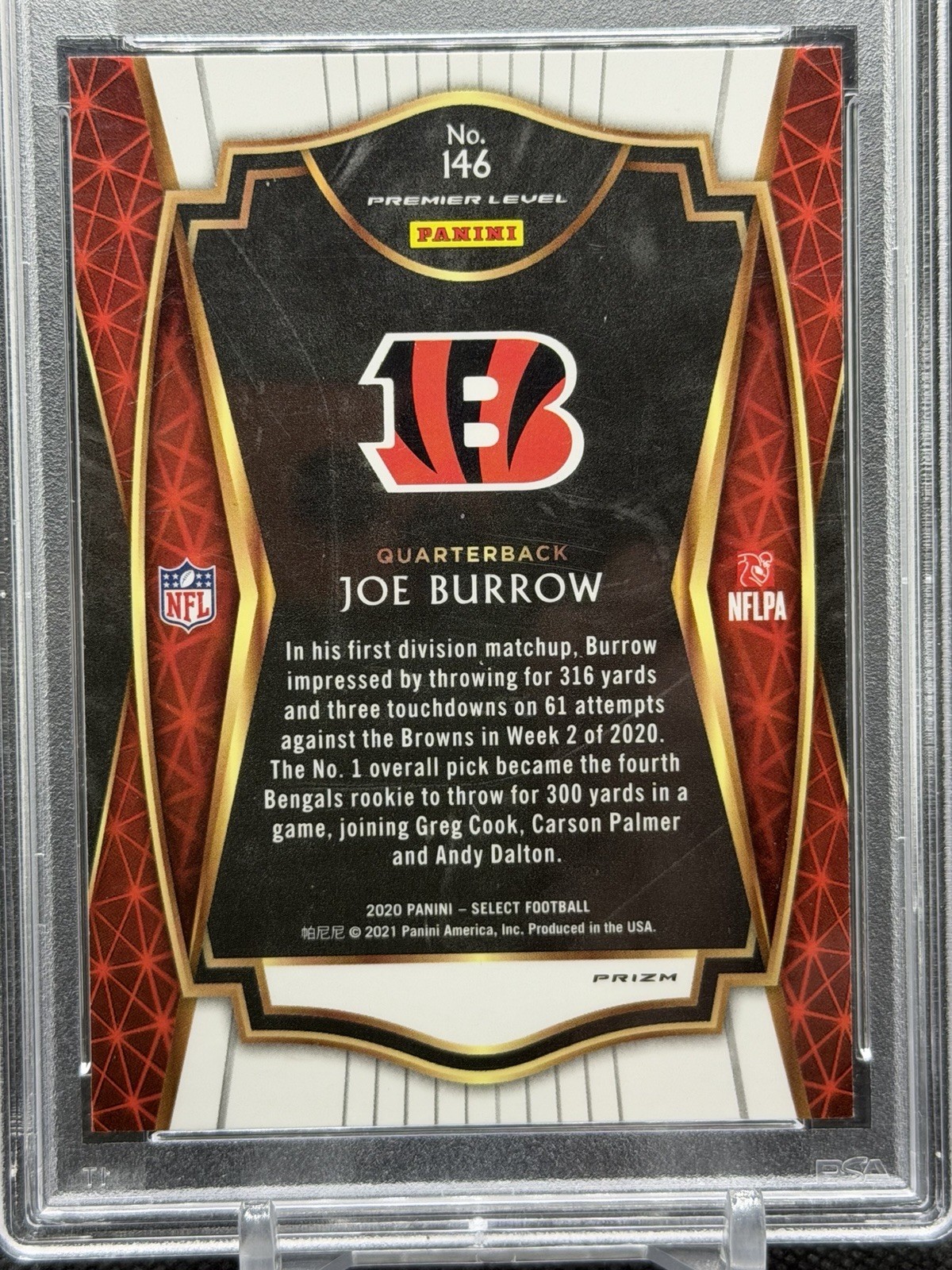 2020 Panini Select Joe Burrow Bengals Rookie Silver Prizm Premier #146 PSA 9 view 3