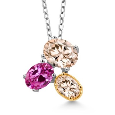 925 Silver and 10K Yellow Gold Peach Morganite and Pink Created Sapphire